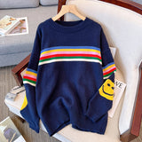 Colored Striped Smiley Face Long-Sleeved Sweater Women's Autumn And Winter New Lazy Style Retro Loose Collar Knitting Top HZ0108