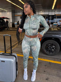 2025 New Fashion Print Long-Sleeved Umbilly Zip Open Shirt Trousers Two-Piece HZ0108