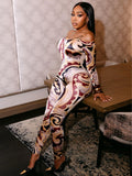 2025 Summer Sexy Hot Girl Print A Word Shoulder Tight Waist Raised Hip Print Conjoined Trousers HZ0108