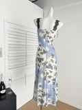 Sexy Sheath Straps Floral Blue Summer Dress Holiday Party Outfits For Women HZ1214