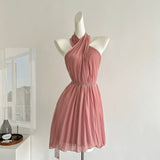Sexy A line Halter Neckline Pink Short Chiffon Summer Dress Holiday Party Outfits For Women HZ1214