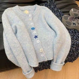 Spring And Autumn 2025 Women's Languid Wind Sweet Soft-Creallow High-End Feeling Heavy-Working Version Of Light Blue Knitted Cardigan Sweater Jacket HZ0108