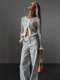 Pure-Style White Lace Stitched Knitted Shirt Design Lace Wood Ear Tight Shirt Woman HZ0108