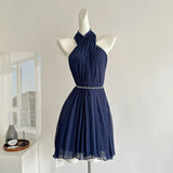 Sexy A line Halter Neckline Pink Short Chiffon Summer Dress Holiday Party Outfits For Women HZ1214