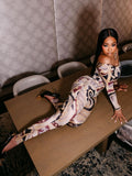 2025 Summer Sexy Hot Girl Print A Word Shoulder Tight Waist Raised Hip Print Conjoined Trousers HZ0108