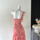 Sexy A line Spaghetti Straps Floral Long Pink Floral Dress Holiday Party Outfits For Women HZ1214
