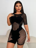 2025 New Spring And Summer Solid Women's Round Neck Short Sleeve Lace Hollow Sexy Tight Body Shorts HZ0108