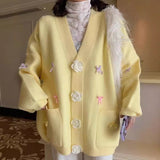 Korean Version Of V-Neck Three-Dimensional Flower Bows Fashion Knitted Jersey Autumn And Winter New Loose Lazy Sweet Sweater Woman HZ0108