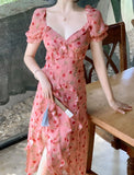 Niulatu Sheath V Neckline Ruffled Pink Chiffon Floral Beach Dress Women's Vacation Dresses SD1138