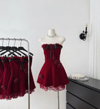 Sexy A line Strapless Summer Burgundy Velvet Dress Holiday Party Outfits For Women HZ1214