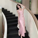 Cute A line Spaghetti Straps Pink Floral Long Satin Summer Dress For Women HZ1214