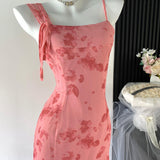 Sexy A line Spaghetti Straps Floral Long Pink Floral Dress Holiday Party Outfits For Women HZ1214