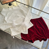 Cute Spaghetti Straps Red Ruffles Velvet Summer Dress 3 Pieces Holiday Party Outfits For Women HZ1214