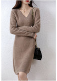 2025 Winter New V-Necked Bottom Sweater Dress Women's Long Loose Knee Straight Knitted Thick Dress HZ0108