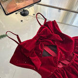 Cute Spaghetti Straps Red Ruffles Velvet Summer Dress 3 Pieces Holiday Party Outfits For Women HZ1214