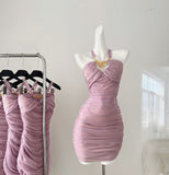 Sexy Sheath Halter Neckline Lilac Ruffles Summer Dress Holiday Party Outfits For Women HZ1214