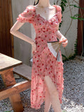 Niulatu Sheath V Neckline Ruffled Pink Chiffon Floral Beach Dress Women's Vacation Dresses SD1138