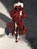 Niulatu French High Low Spaghetti Straps Christmas Dress Burgundy Birthday Dresses Birthday Outfits SD1130