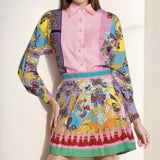 2025 Autumn Women's New Printed Long-Sleeved Shirt Top + 100-Folded Skirt Set Women's Two-Piece HZ0108
