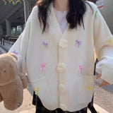 Korean Version Of V-Neck Three-Dimensional Flower Bows Fashion Knitted Jersey Autumn And Winter New Loose Lazy Sweet Sweater Woman HZ0108