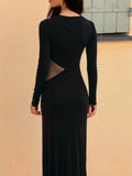 New Solid Color Temperament Fashion Fashion Button Metal Decorative Long-Sleeved Waist Mesh Dress In Autumn 2025 HZ0108