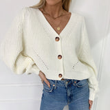 Autumn And Winter New White V-Neck Loose Single-Dcup Buckle Straight Knitted Long-Sleeved Sweater Cardigan HZ0108