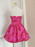 Niulatu A line Strapless Satin Pink Floral Vacation Dresses Short Birthday Dress SD1260