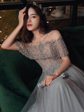 Niulatu Beaded Off Shoulder Tulle Prom Dress, A-line Grey Evening Dress Party Dress HZ0113
