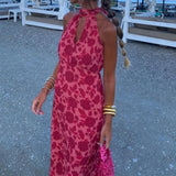 2025 New Hanging Neck Sleeveless Dress Bare Back High-Rise Printed Long Dress Famous Wind Thin HZ0108