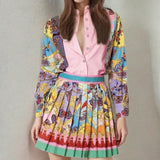 2025 Autumn Women's New Printed Long-Sleeved Shirt Top + 100-Folded Skirt Set Women's Two-Piece HZ0108