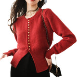 Korean Version Of The Round-Neck Short Metal Buckle Knitted Cardigan Women 2025 New Magenta Red High-End Sweater Jacket HZ0108