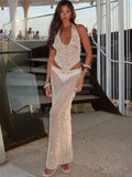 New Slit Sexy Sling Knitted Hollow Suit Dress With Back Hanging Neck Vest Half-Body Skirt Suit HZ0108