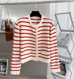 Gold Buckle With Striped Round Collar Small Fragrant Knitted Cardigan Girl Spring And Autumn French Loose Short Outer Sweater Coat HZ0108