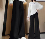 New Pit Strip Design Feels Tight Waist Knitted Wide Leg Trousers Girl High-Waist Solid Color Knitting Women's Trousers HZ0108