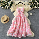 Niulatu A line Spaghetti Straps Pink Floral Holiday Dresses Midi Length Women's Dress SD1274