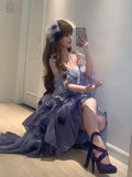 Vintage Ball Gown Spaghetti Straps Grape Chiffon Summer 18th Birthday Dress High Low Ombre Blue Pearls Lolita Dress Birthday Outfits HZ1214