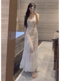 Niulatu A line Spaghetti Straps Lace White Chiffon Beach Dress Women's Vacation Dresses SD1142
