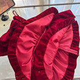Cute Spaghetti Straps Red Ruffles Velvet Summer Dress 3 Pieces Holiday Party Outfits For Women HZ1214