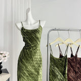 Sexy Mermaid Spaghetti Straps Velvet Green Summer Dress Holiday Party Outfits For Women HZ1214