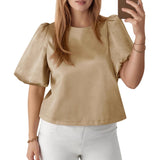 2026 New Elegant Lady Round Collared Fascling Bubble Sleeve Doll Shirt HZ0108