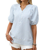 Women's Shirt 2025 New V-Neck Splicing Bubble Sleeve Striped Top HZ0108