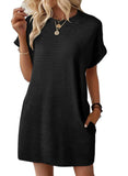 2025 Summer New Loose Round Collar Pocket Solid Color Short-Sleeved Dress Woman HZ0108