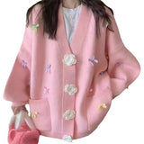 Korean Version Of V-Neck Three-Dimensional Flower Bows Fashion Knitted Jersey Autumn And Winter New Loose Lazy Sweet Sweater Woman HZ0108