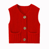 Metal Buckle Red Vest Spring And Autumn Women's Pocket Sleeveless Short Knitted Cardigan Sweater HZ0108