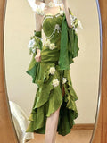 Vintage High Low Spaghetti Straps Green 16th Birthday Dress With Sleeves Lolita Dress Satin Birthday Outfits HZ1214