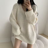 2025 Spring And Autumn Women's Korean Version Of Loose V-Neck Sweater Women's Long Lazy Knitted Sweater HZ0108