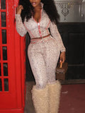 2025 New Women's Hottie Bag Leopard Pine Tight Trousers Zipper Open Shirt Two Sets HZ0108