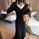 Yujie Style V Collar Temperament Knitted Dress Women Autumn And Winter Dress Dress Inside The Dress With A Long Skirt Sweater Clad Fishtail Skirt HZ0108