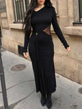 New Solid Color Temperament Fashion Fashion Button Metal Decorative Long-Sleeved Waist Mesh Dress In Autumn 2025 HZ0108