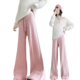 New Pit Strip Design Feels Tight Waist Knitted Wide Leg Trousers Girl High-Waist Solid Color Knitting Women's Trousers HZ0108